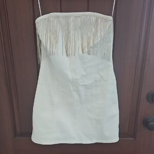12th Tribe Rylie White Denim Strapless Fringe Mini Dress